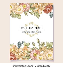 Vintage delicate greeting invitation card template design with flowers for wedding, marriage, bridal, birthday, Valentine's day. Romantic vector illustration.