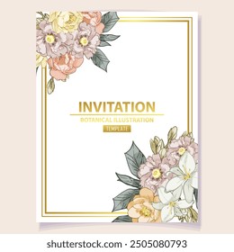 Vintage delicate greeting invitation card template design with flowers for wedding, marriage, bridal, birthday, Valentine's day. Romantic vector illustration.