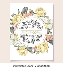 Vintage delicate greeting invitation card template design with flowers for wedding, marriage, bridal, birthday, Valentine's day. Romantic vector illustration.