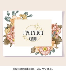 Vintage delicate greeting invitation card template design with flowers for wedding, marriage, bridal, birthday, Valentine's day. Romantic vector illustration.