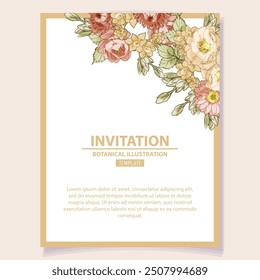 Vintage delicate greeting invitation card template design with flowers for wedding, marriage, bridal, birthday, Valentine's day. Romantic vector illustration.