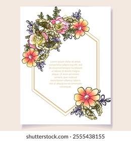 Vintage delicate greeting invitation card template design with flowers for wedding, marriage, bridal, birthday, Valentine's day. Romantic vector illustration.