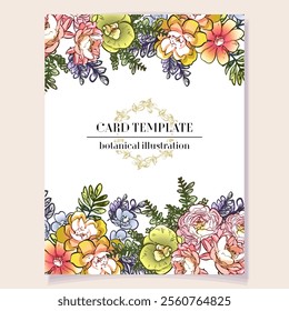 Vintage delicate greeting invitation card template design with flowers for wedding, marriage, bridal, birthday, Valentine's day. Romantic vector illustration.