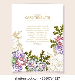 Vintage delicate greeting invitation card template design with flowers for wedding, marriage, bridal, birthday, Valentine's day. Romantic vector illustration.