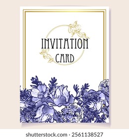 Vintage delicate greeting invitation card template design with flowers for wedding, marriage, bridal, birthday, Valentine's day. Romantic vector illustration.