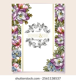 Vintage delicate greeting invitation card template design with flowers for wedding, marriage, bridal, birthday, Valentine's day. Romantic vector illustration.