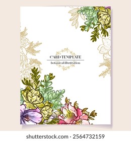 Vintage delicate greeting invitation card template design with flowers for wedding, marriage, bridal, birthday, Valentine's day. Romantic vector illustration.