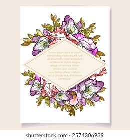 Vintage delicate greeting invitation card template design with flowers for wedding, marriage, bridal, birthday, Valentine's day. Romantic vector illustration.