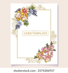 Vintage delicate greeting invitation card template design with flowers for wedding, marriage, bridal, birthday, Valentine's day. Romantic vector illustration.