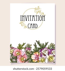 Vintage delicate greeting invitation card template design with flowers for wedding, marriage, bridal, birthday, Valentine's day. Romantic vector illustration.