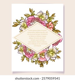 Vintage delicate greeting invitation card template design with flowers for wedding, marriage, bridal, birthday, Valentine's day. Romantic vector illustration.