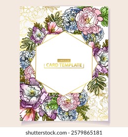 Vintage delicate greeting invitation card template design with flowers for wedding, marriage, bridal, birthday, Valentine's day. Romantic vector illustration.
