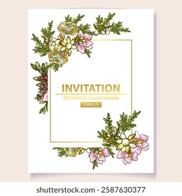 Vintage delicate greeting invitation card template design with flowers for wedding, marriage, bridal, birthday, Valentine's day. Romantic vector illustration.