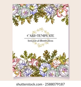 Vintage delicate greeting invitation card template design with flowers for wedding, marriage, bridal, birthday, Valentine's day. Romantic vector illustration.