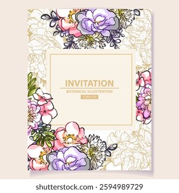 Vintage delicate greeting invitation card template design with flowers for wedding, marriage, bridal, birthday, Valentine's day. Romantic vector illustration.