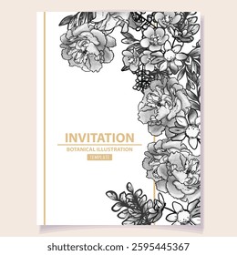 Vintage delicate greeting invitation card template design with flowers for wedding, marriage, bridal, birthday, Valentine's day. Romantic vector illustration.