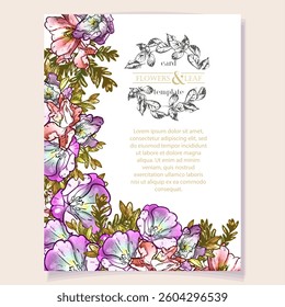 Vintage delicate greeting invitation card template design with flowers for wedding, marriage, bridal, birthday, Valentine's day. Romantic vector illustration.