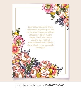 Vintage delicate greeting invitation card template design with flowers for wedding, marriage, bridal, birthday, Valentine's day. Romantic vector illustration.