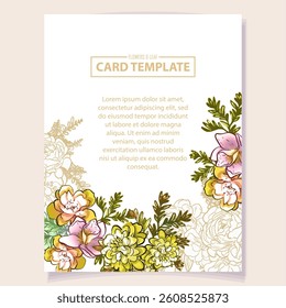 Vintage delicate greeting invitation card template design with flowers for wedding, marriage, bridal, birthday, Valentine's day. Romantic vector illustration.