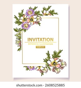 Vintage delicate greeting invitation card template design with flowers for wedding, marriage, bridal, birthday, Valentine's day. Romantic vector illustration.