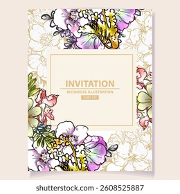 Vintage delicate greeting invitation card template design with flowers for wedding, marriage, bridal, birthday, Valentine's day. Romantic vector illustration.