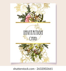 Vintage delicate greeting invitation card template design with flowers for wedding, marriage, bridal, birthday, Valentine's day. Romantic vector illustration.