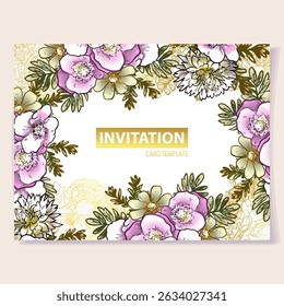 Vintage delicate greeting invitation card template design with flowers for wedding, marriage, bridal, birthday, Valentine's day. Romantic vector illustration.