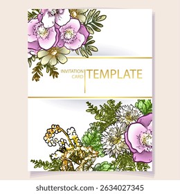 Vintage delicate greeting invitation card template design with flowers for wedding, marriage, bridal, birthday, Valentine's day. Romantic vector illustration.