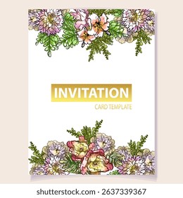 Vintage delicate greeting invitation card template design with flowers for wedding, marriage, bridal, birthday, Valentine's day. Romantic vector illustration.