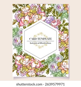 Vintage delicate greeting invitation card template design with flowers for wedding, marriage, bridal, birthday, Valentine's day. Romantic vector illustration.