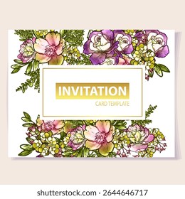 Vintage delicate greeting invitation card template design with flowers for wedding, marriage, bridal, birthday, Valentine's day. Romantic vector illustration.