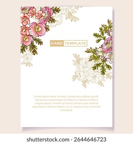 Vintage delicate greeting invitation card template design with flowers for wedding, marriage, bridal, birthday, Valentine's day. Romantic vector illustration.