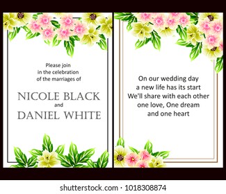 Vintage delicate invitation with flowers for wedding, marriage, bridal, birthday, Valentine's day. Romantic vector illustration.