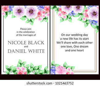 Vintage delicate invitation with flowers for wedding, marriage, bridal, birthday, Valentine's day. Romantic vector illustration.