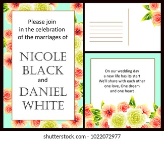 Vintage delicate invitation with flowers for wedding, marriage, bridal, birthday, Valentine's day. Romantic vector illustration.