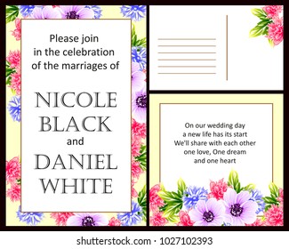 Vintage delicate invitation with flowers for wedding, marriage, bridal, birthday, Valentine's day. Romantic vector illustration.