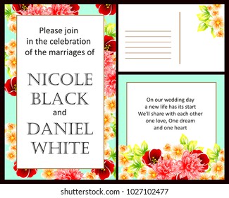 Vintage delicate invitation with flowers for wedding, marriage, bridal, birthday, Valentine's day. Romantic vector illustration.