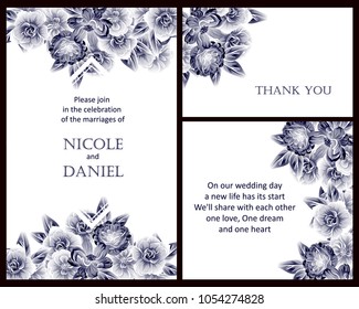 Vintage delicate invitation with flowers for wedding, marriage, bridal, birthday, Valentine's day. Romantic vector illustration.