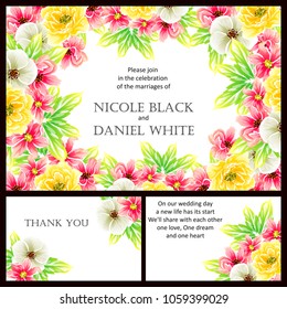Vintage delicate invitation with flowers for wedding, marriage, bridal, birthday, Valentine's day. Romantic vector illustration.