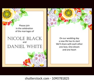 Vintage delicate invitation with flowers for wedding, marriage, bridal, birthday, Valentine's day. Romantic vector illustration.