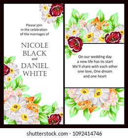 Vintage delicate invitation with flowers for wedding, marriage, bridal, birthday, Valentine's day. Romantic vector illustration.
