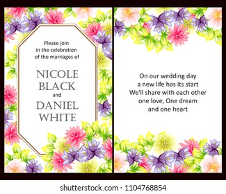 Vintage delicate invitation with flowers for wedding, marriage, bridal, birthday, Valentine's day. Romantic vector illustration.