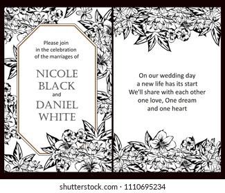 Vintage delicate invitation with flowers for wedding, marriage, bridal, birthday, Valentine's day. Romantic vector illustration.