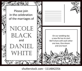 Vintage delicate invitation with flowers for wedding, marriage, bridal, birthday, Valentine's day. Romantic vector illustration.