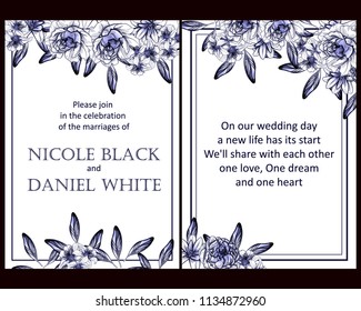 Vintage delicate invitation with flowers for wedding, marriage, bridal, birthday, Valentine's day. Romantic vector illustration.