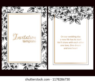Vintage delicate invitation with flowers for wedding, marriage, bridal, birthday, Valentine's day. Romantic vector illustration.
