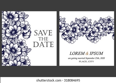 Vintage delicate invitation with flowers for wedding, marriage, bridal, birthday, Valentine's day. Romantic vector illustration.