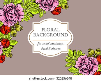 Vintage delicate invitation with flowers for wedding, marriage, bridal, birthday, Valentine's day. Romantic vector illustration.