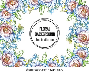 Vintage delicate invitation with flowers for wedding, marriage, bridal, birthday, Valentine's day. Romantic vector illustration.