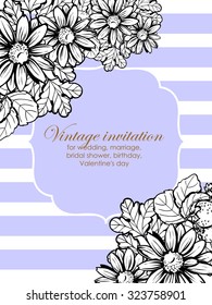 Vintage delicate invitation with flowers for wedding, marriage, bridal, birthday, Valentine's day. Romantic vector illustration.